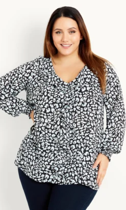 Evans Black & Blue Animal Print Tie Front Blouse -Bold Fit Store 08A73MBLK 1