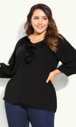Evans Black Ruffle Neck Blouse