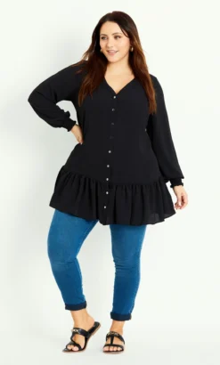 Evans Black Long Sleeve Frill Hem Shirt