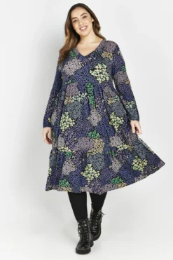 Evans Black Patchwork Floral Smock Midi Dress