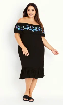 Evans Black Embroidered Frill Midi Dress