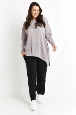 Evans Pink Lurex Asymmetric Long Sleeve Top