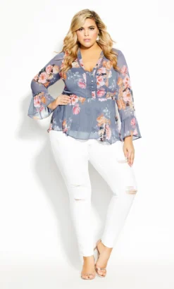 City Chic Periwinkle Blue Floral Crochet Detail Blouse