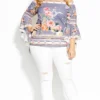 City Chic Blue Cold Shoulder Top With Floral Border