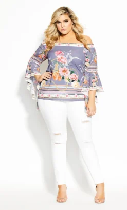 City Chic Blue Cold Shoulder Top With Floral Border
