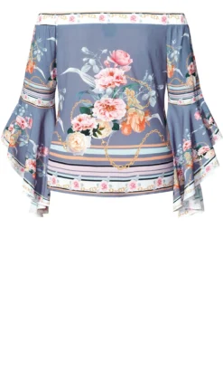 City Chic Blue Cold Shoulder Top With Floral Border -Bold Fit Store 202960BORDERFLORENCE 5