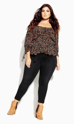 City Chic CCX Black Floral Print Bardot Top