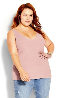 City Chic Light Pink Ribbed V-Neck Vest Top