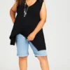 Avenue Black V Neck Swing Hanky Hem Vest Top