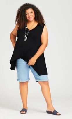 Avenue Black V Neck Swing Hanky Hem Vest Top
