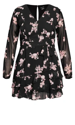 City Chic Black Floral Print Frill Wrap Dress -Bold Fit Store 205349BUDDINGROMANCE 3