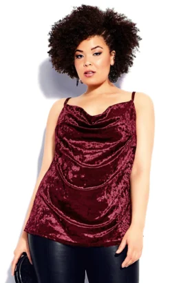 City Chic Burgundy Red Crushed Velvet Cowl Neck Vest Top