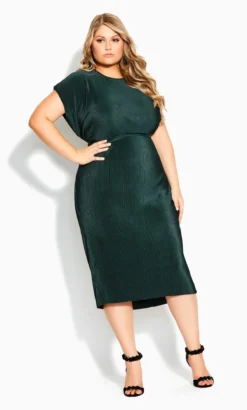 City Chic Forest Green Plisse Shift Dress