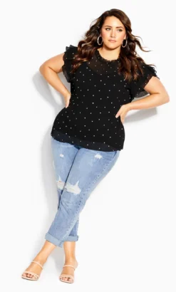 City Chic Black Polka Dot Print Frill Sleeve Top