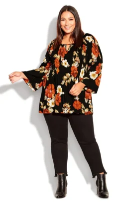 Avenue Black Floral Print Cut Out Detail Top