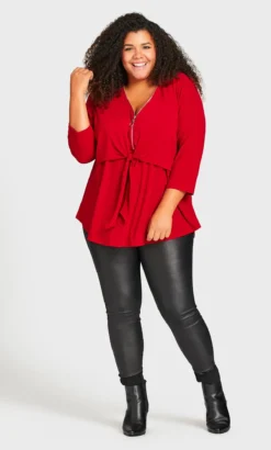 Avenue Red Tie Front With Zip Longline Top