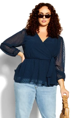 City Chic Navy Dobby Long Sleeve Wrap Top