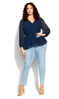 City Chic Navy Dobby Long Sleeve Wrap Top -Bold Fit Store 208969NAVY 3