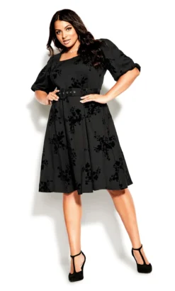 City Chic Black Floral Belted Skater Dress