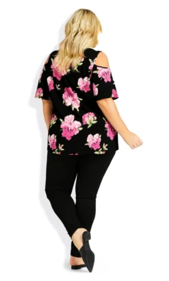 Avenue Black Floral Print Cold Shoulder Top -Bold Fit Store 209170PINKFLORAL 14