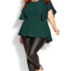 City Chic Forest Green Peplum Oversized Frill Top