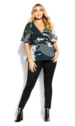 City Chic Dark Green Floral Print Wrap Blouse