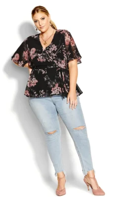 City Chic Black Floral Wrap Top -Bold Fit Store 209690BLKBOLDBLSM 2