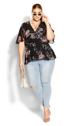 City Chic Black Floral Wrap Top