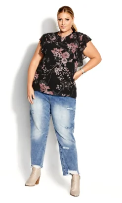 City Chic Black Floral Ruffle Sleeve Top -Bold Fit Store 209691BLKBOLDBLSM 3