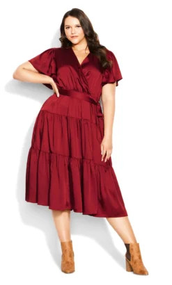 City Chic Red Tiered Wrap Midi Dress
