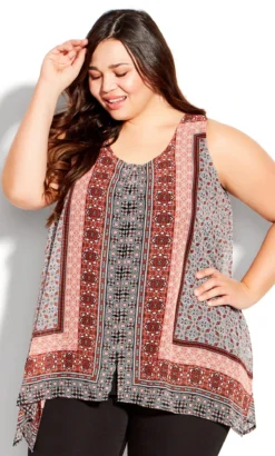 Avenue Orange Tile Print Hanky Hem Vest Top