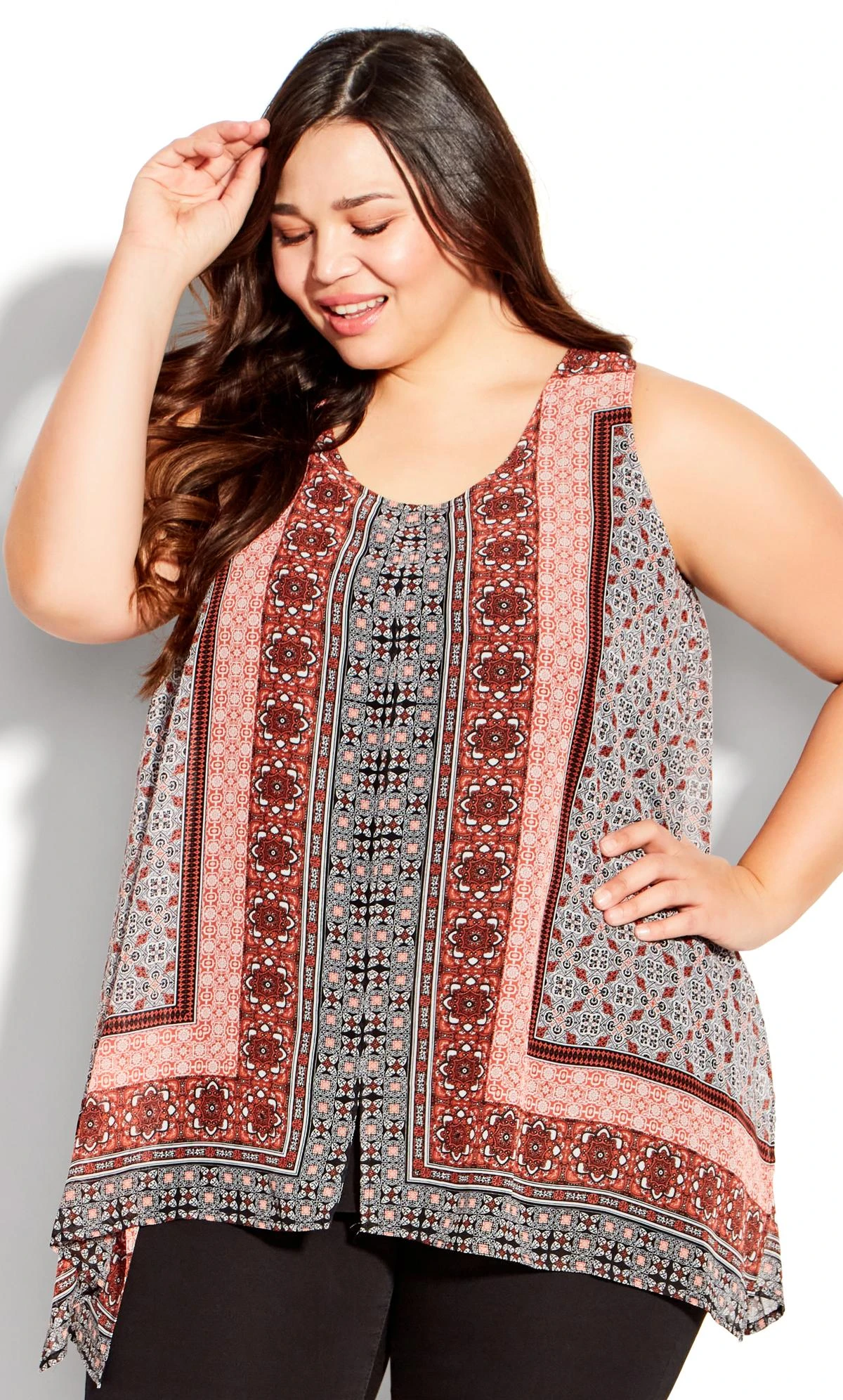 Avenue Orange Tile Print Hanky Hem Vest Top 1 Avenue Orange Tile Print Hanky Hem Vest Top