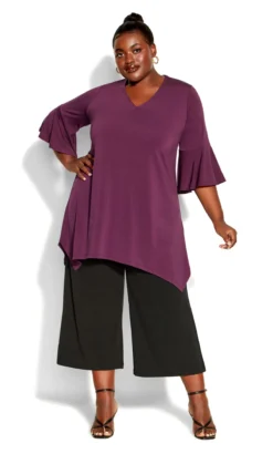 Avenue Purple Bell Sleeve Hanky Hem Top