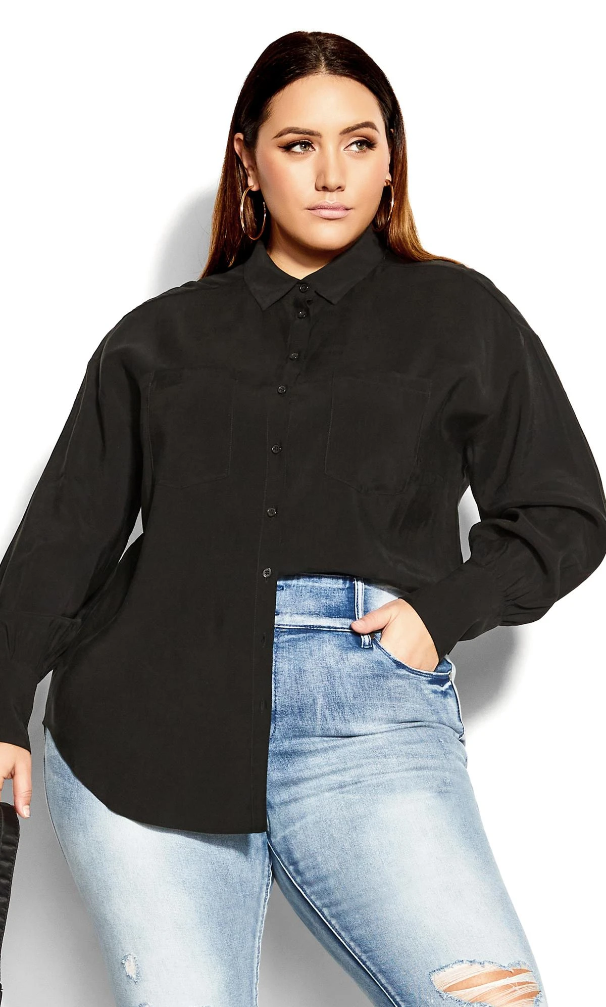 City Chic Black Sleek Pocket Shirt 2 City Chic Black Sleek Pocket Shirt - Image 2