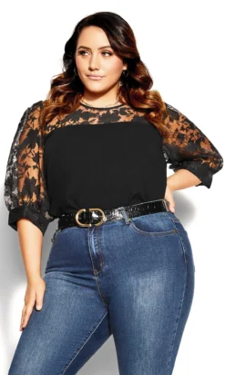 City Chic Black Floral Organza Top