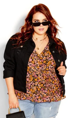 City Chic Black & Pink Floral Wrap Top