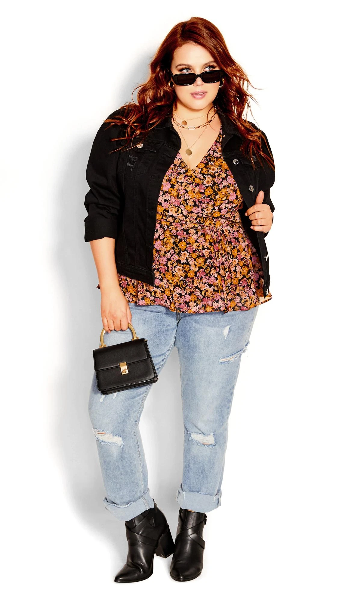 City Chic Black & Pink Floral Wrap Top 2 City Chic Black & Pink Floral Wrap Top - Image 2