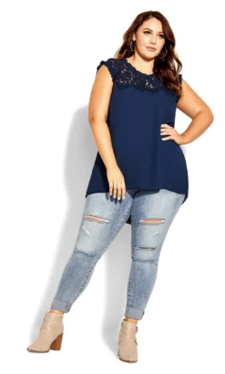 City Chic Navy Blue Lace Yoke Dipped Hem Blouse -Bold Fit Store 211357NAVY 2