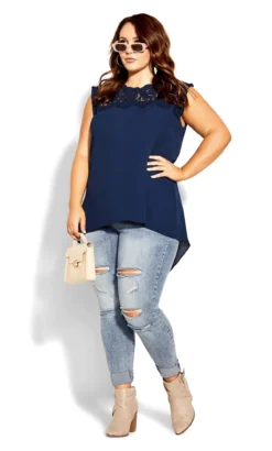 City Chic Navy Blue Lace Yoke Dipped Hem Blouse
