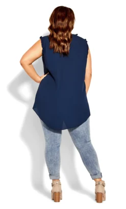 City Chic Navy Blue Lace Yoke Dipped Hem Blouse -Bold Fit Store 211357NAVY 4