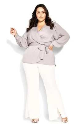 City Chic Grey Satin Wrap Top