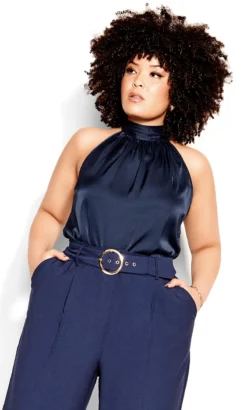 City Chic Navy Blue Satin Halterneck Top