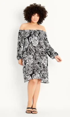 Evans Black & White Paisley Floral Print Bardot Dress