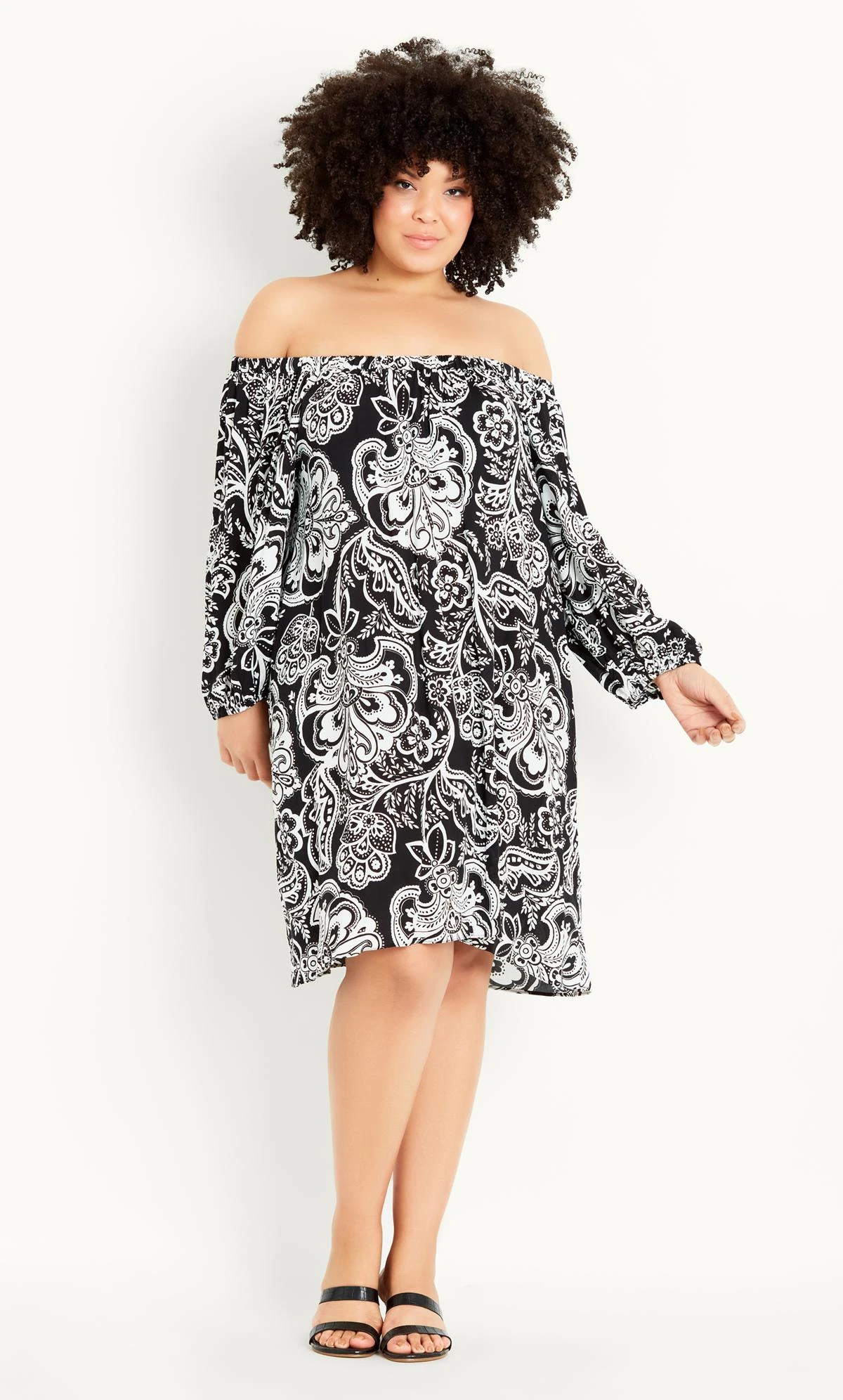 Evans Black & White Paisley Floral Print Bardot Dress 1 Evans Black & White Paisley Floral Print Bardot Dress