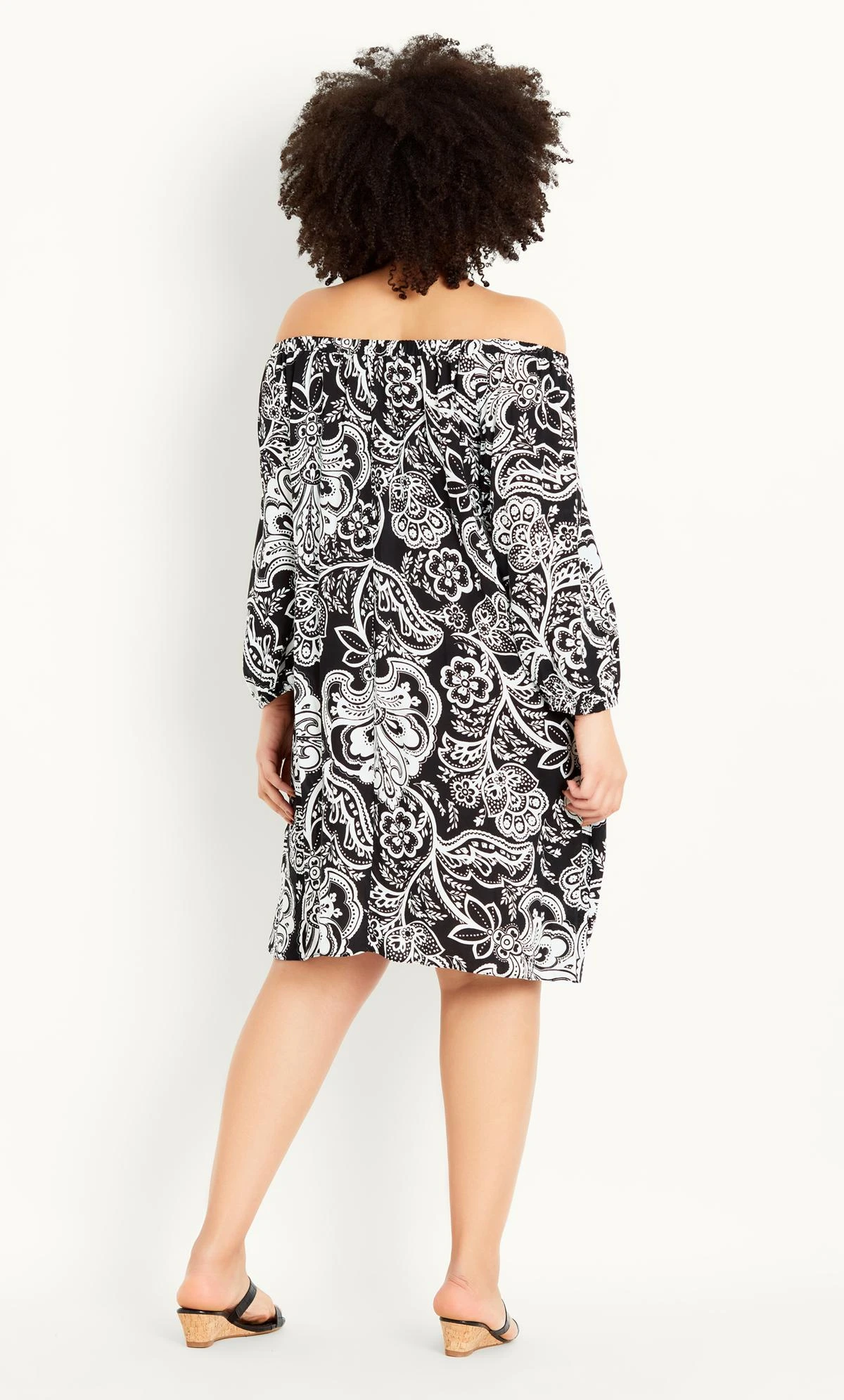 Evans Black & White Paisley Floral Print Bardot Dress 2 Evans Black & White Paisley Floral Print Bardot Dress - Image 2