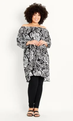 Evans Black & White Paisley Floral Print Bardot Dress 8 Evans Black & White Paisley Floral Print Bardot Dress -Bold Fit Store 211558BLACK 3