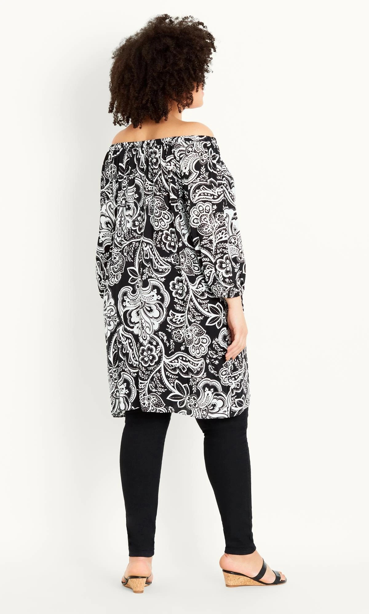 Evans Black & White Paisley Floral Print Bardot Dress 4 Evans Black & White Paisley Floral Print Bardot Dress - Image 4