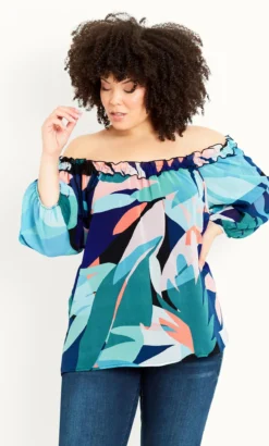 Evans Blue Tropical Bardot Top -Bold Fit Store 211561MULTI 1