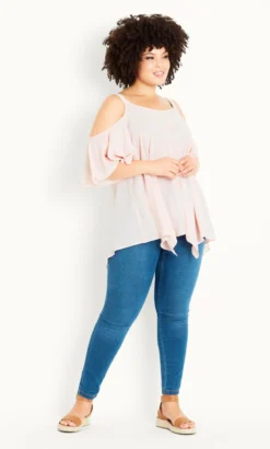 Evans Pink Hanky Hem Cold Shoulder Top -Bold Fit Store 211570BLUSH 2