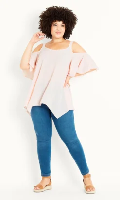 Evans Pink Hanky Hem Cold Shoulder Top